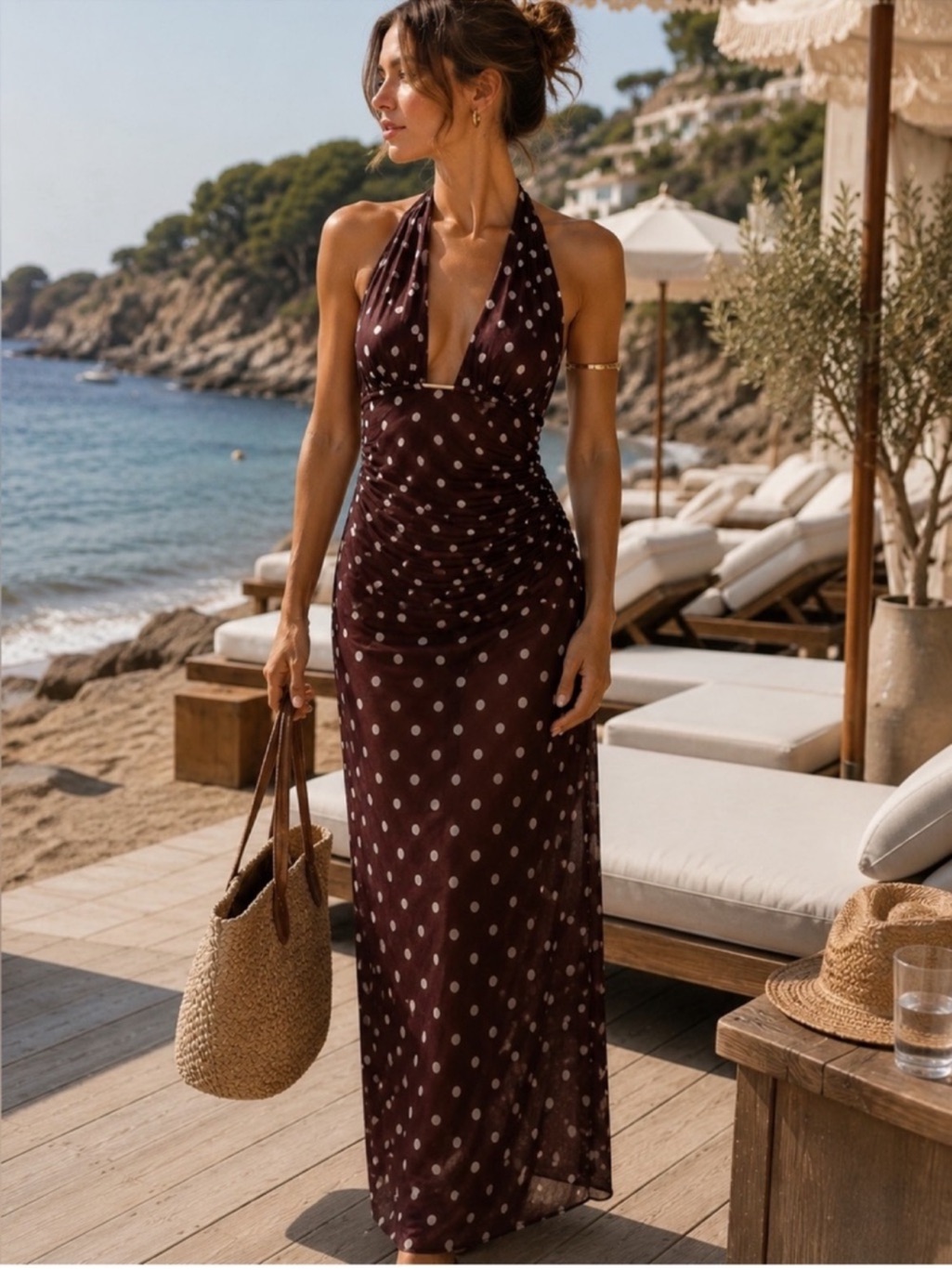 Caroline Constas Brown Polka Dot Halter Cover Up Maxi Dress S Nwt